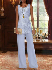 3 Pieces Suit Chiffon Mother Of The Bride Pantsuits With Jacket Scoop 3 4 Sleeves Ankle Length Lace