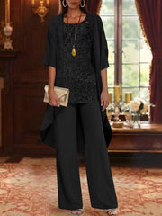 3 Pieces Suit Chiffon Mother Of The Bride Pantsuits With Jacket Scoop 3 4 Sleeves Ankle Length Lace