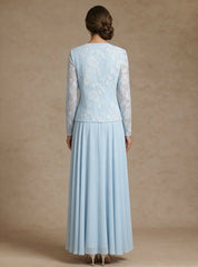 3 Pieces Suit A Line Princess Scoop Chiffon Mother Of The Bride Dresses With Jacket Lace Floral Ankle Length Long Sleeves