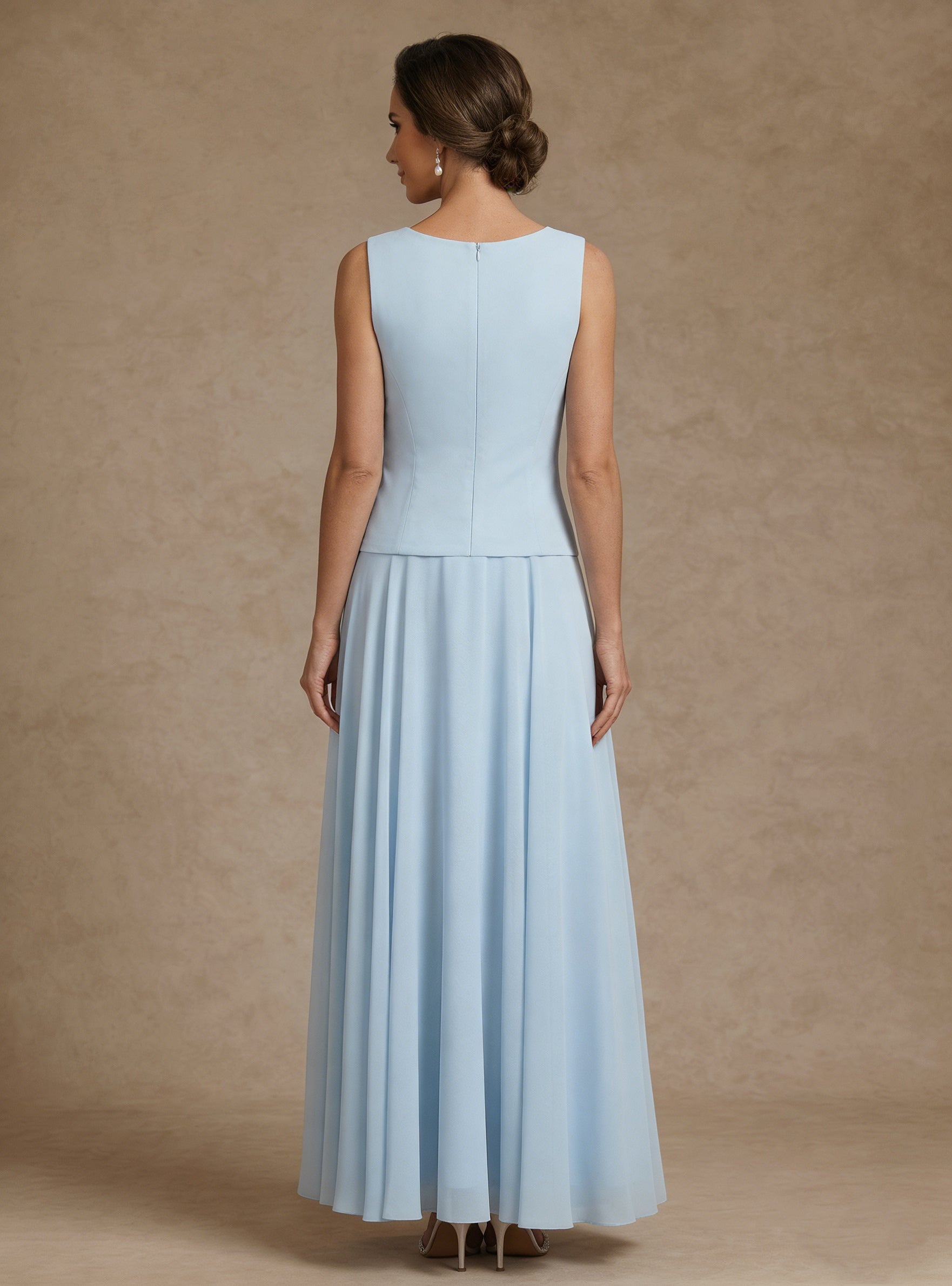 3 Pieces Suit A Line Princess Scoop Chiffon Mother Of The Bride Dresses With Jacket Lace Floral Ankle Length Long Sleeves