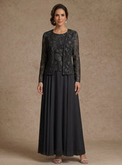 3 Pieces Suit A Line Princess Scoop Chiffon Mother Of The Bride Dresses With Jacket Lace Floral Ankle Length Long Sleeves