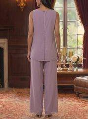 3 Pieces Suit Scoop Chiffon Mother Of The Bride Pantsuits With Jacket Half Sleeves Lace Floral Ankle Length