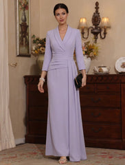 Sheath Column V Neck Stretch Satin Mother Of The Bride Dresses With Watteau Train 3 4 Sleeves Ankle Length