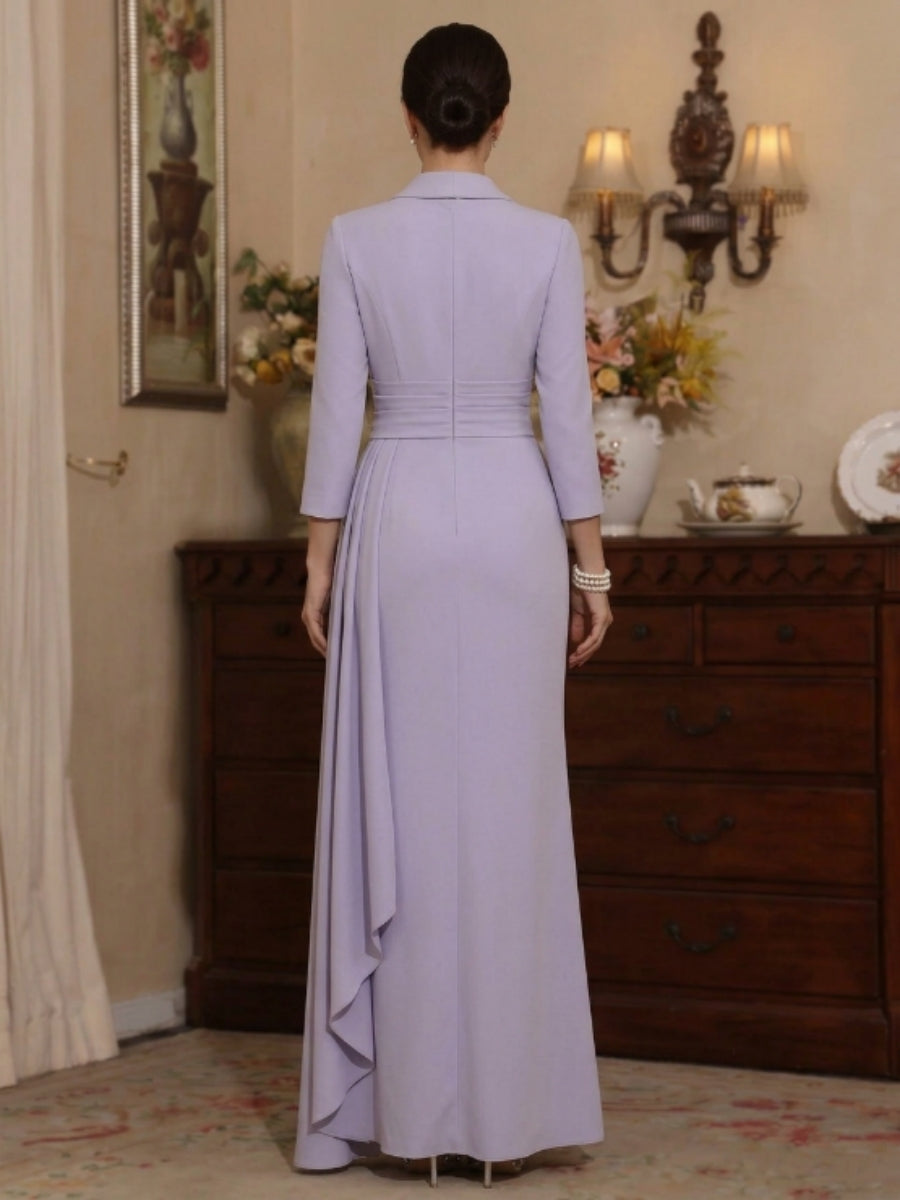 Sheath Column V Neck Stretch Satin Mother Of The Bride Dresses With Watteau Train 3 4 Sleeves Ankle Length