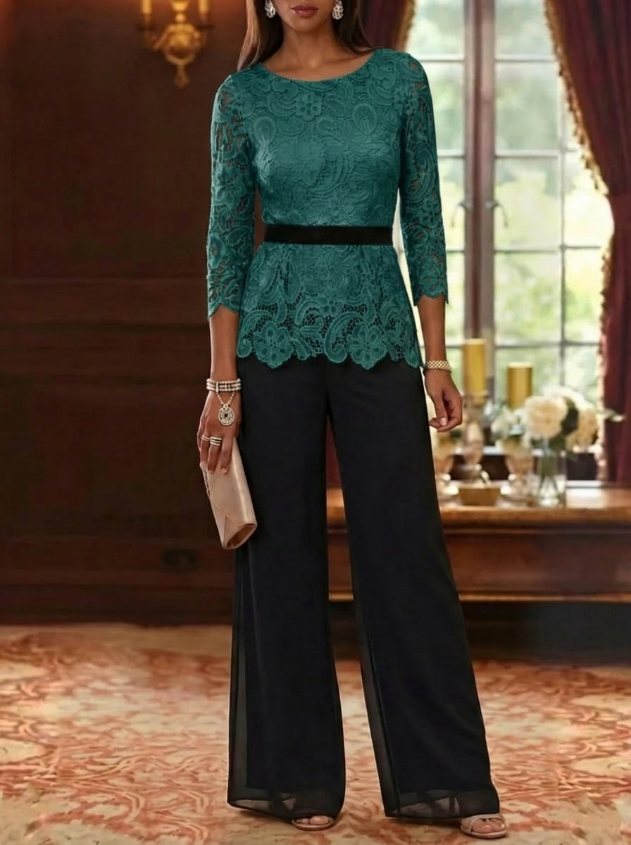2 Piece Scoop Chiffon Mother Of The Bride Pantsuits Lace 3 4 Sleeves Ankle Length Belt