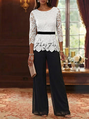 2 Piece Scoop Chiffon Mother Of The Bride Pantsuits Lace 3 4 Sleeves Ankle Length Belt