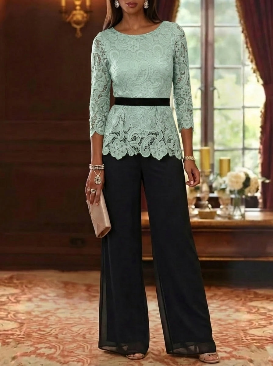 2 Piece Scoop Chiffon Mother Of The Bride Pantsuits Lace 3 4 Sleeves Ankle Length Belt