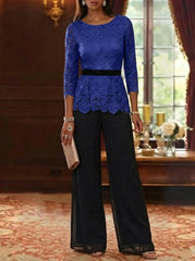 2 Piece Scoop Chiffon Mother Of The Bride Pantsuits Lace 3 4 Sleeves Ankle Length Belt