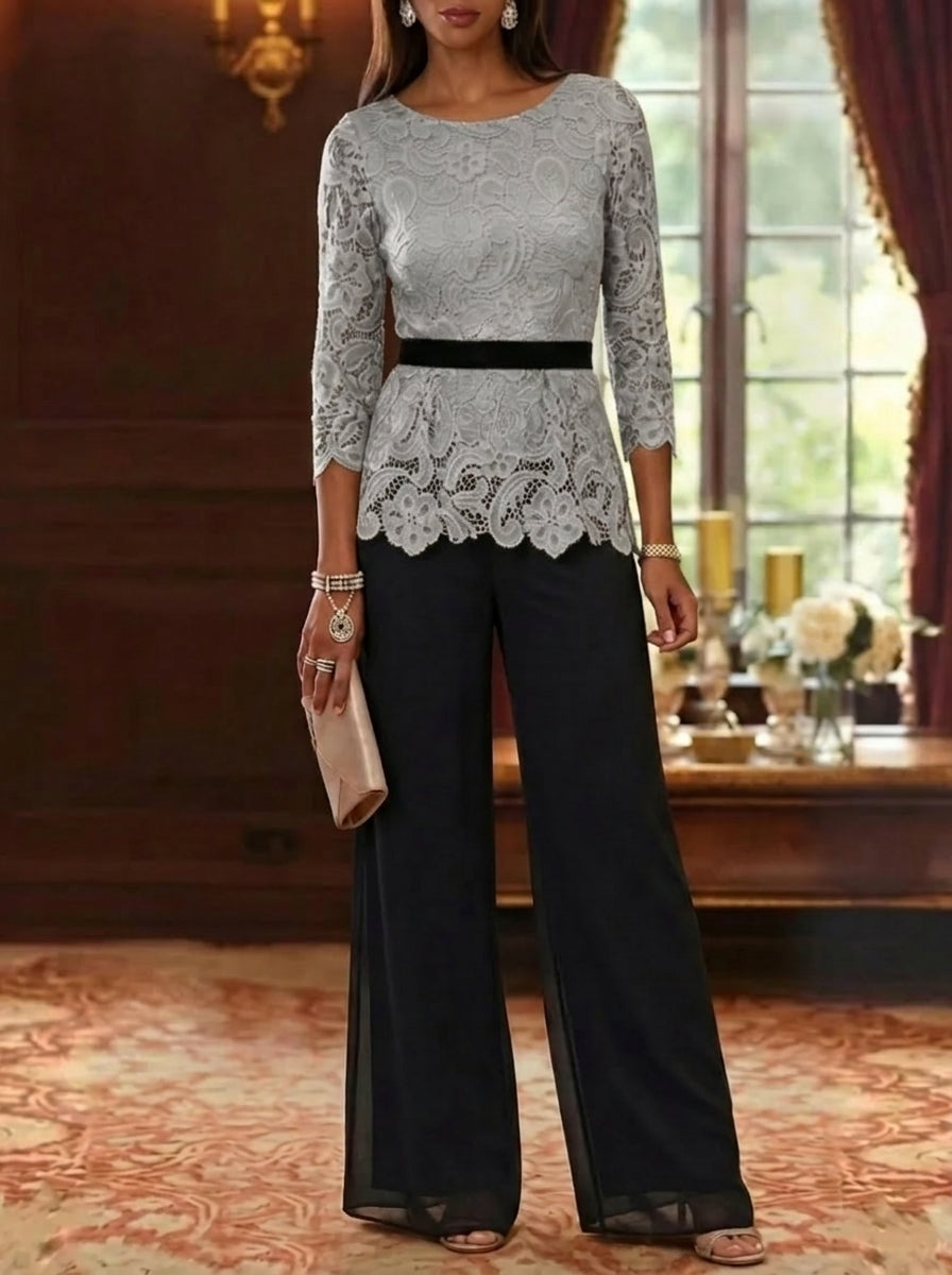 2 Piece Scoop Chiffon Mother Of The Bride Pantsuits Lace 3 4 Sleeves Ankle Length Belt