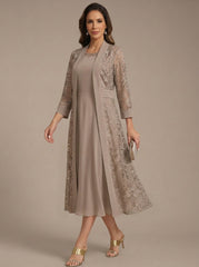 A-Line/Princess Scoop Chiffon Mother of the Bride Dresses with Lace Jacket 3/4 Sleeves Tea-Length
