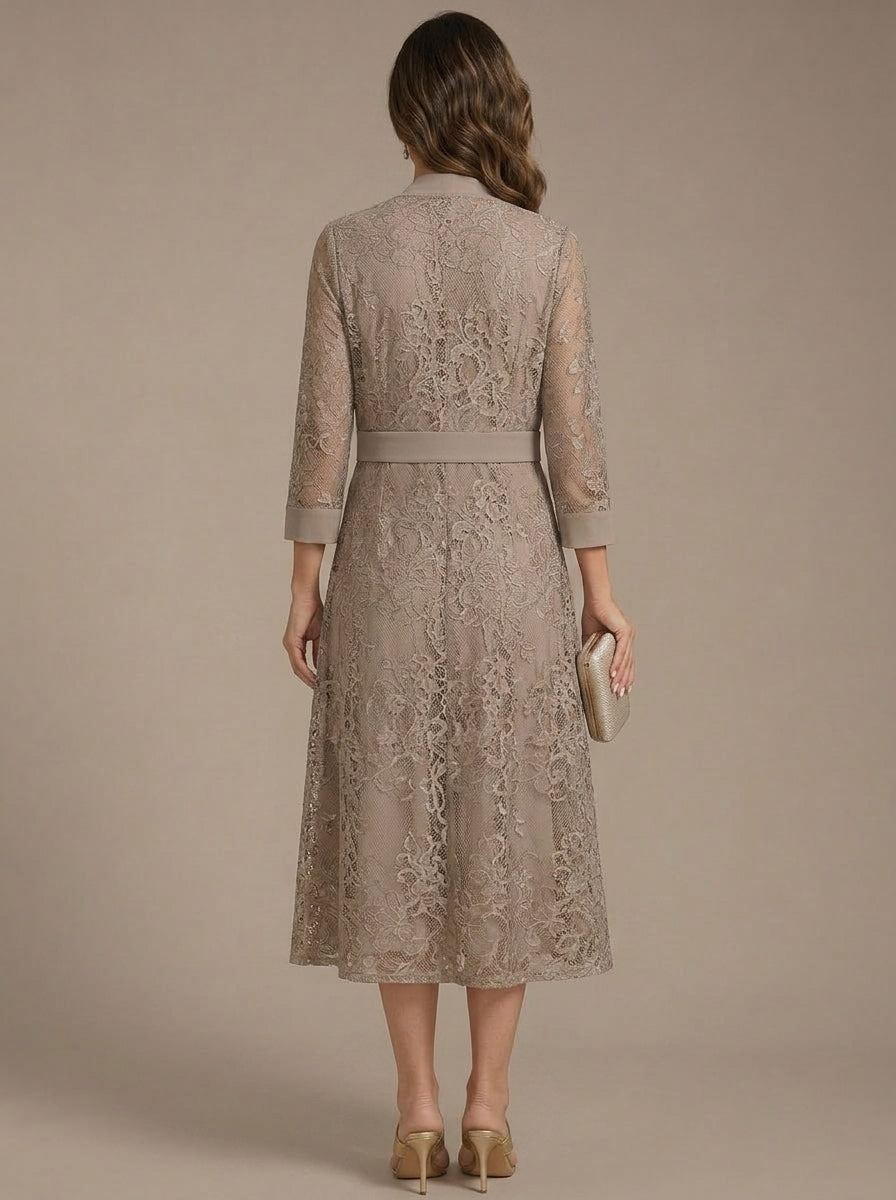 A Line Princess Scoop Chiffon Mother Of The Bride Dresses With Lace Jacket 3 4 Sleeves Tea Length