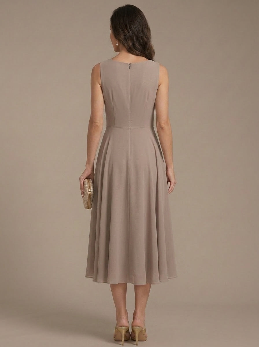 A Line Princess Scoop Chiffon Mother Of The Bride Dresses With Lace Jacket 3 4 Sleeves Tea Length