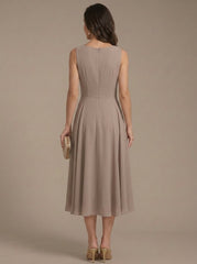 A Line Princess Scoop Chiffon Mother Of The Bride Dresses With Lace Jacket 3 4 Sleeves Tea Length