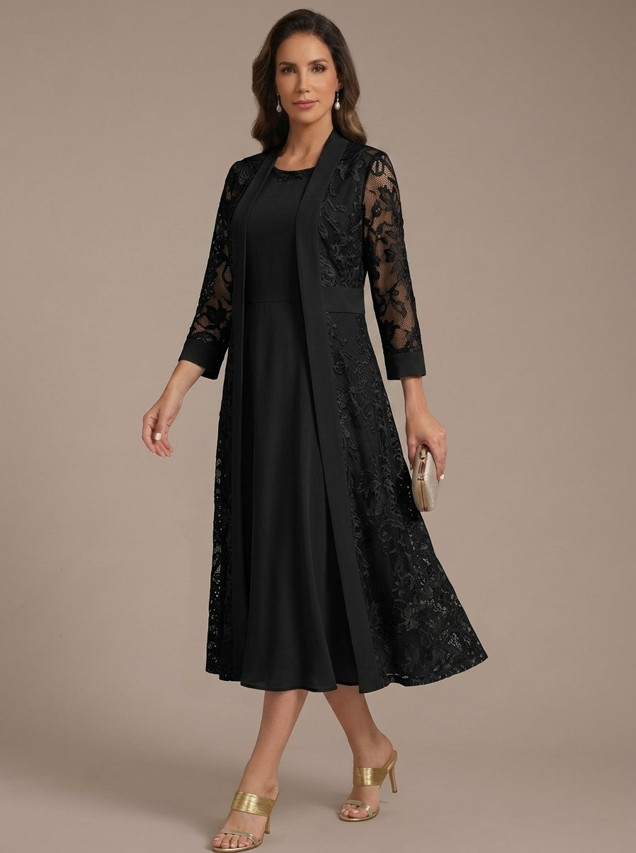 A Line Princess Scoop Chiffon Mother Of The Bride Dresses With Lace Jacket 3 4 Sleeves Tea Length