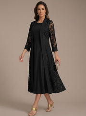 A Line Princess Scoop Chiffon Mother Of The Bride Dresses With Lace Jacket 3 4 Sleeves Tea Length