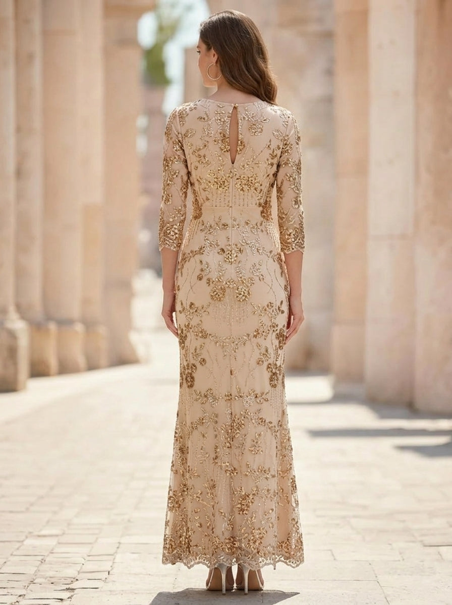 Sheath Column Scoop Sequins Lace Mother Of The Bride Dresses 3 4 Sleeves Floral Ankle Length