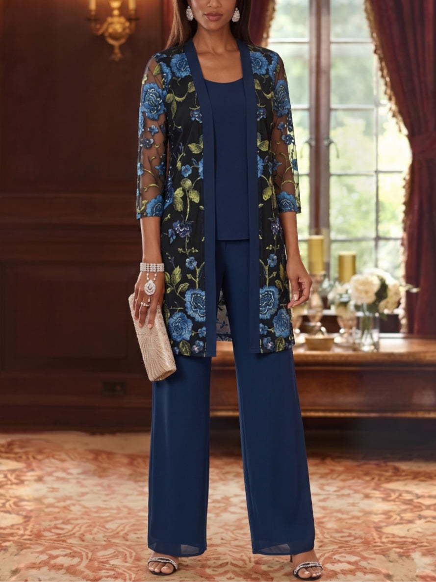 3 Pieces Suit Scoop Chiffon Mother Of The Bride Pantsuits With Jacket Floral 3 4 Sleeves Ankle Length