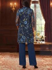 3 Pieces Suit Scoop Chiffon Mother Of The Bride Pantsuits With Jacket Floral 3 4 Sleeves Ankle Length