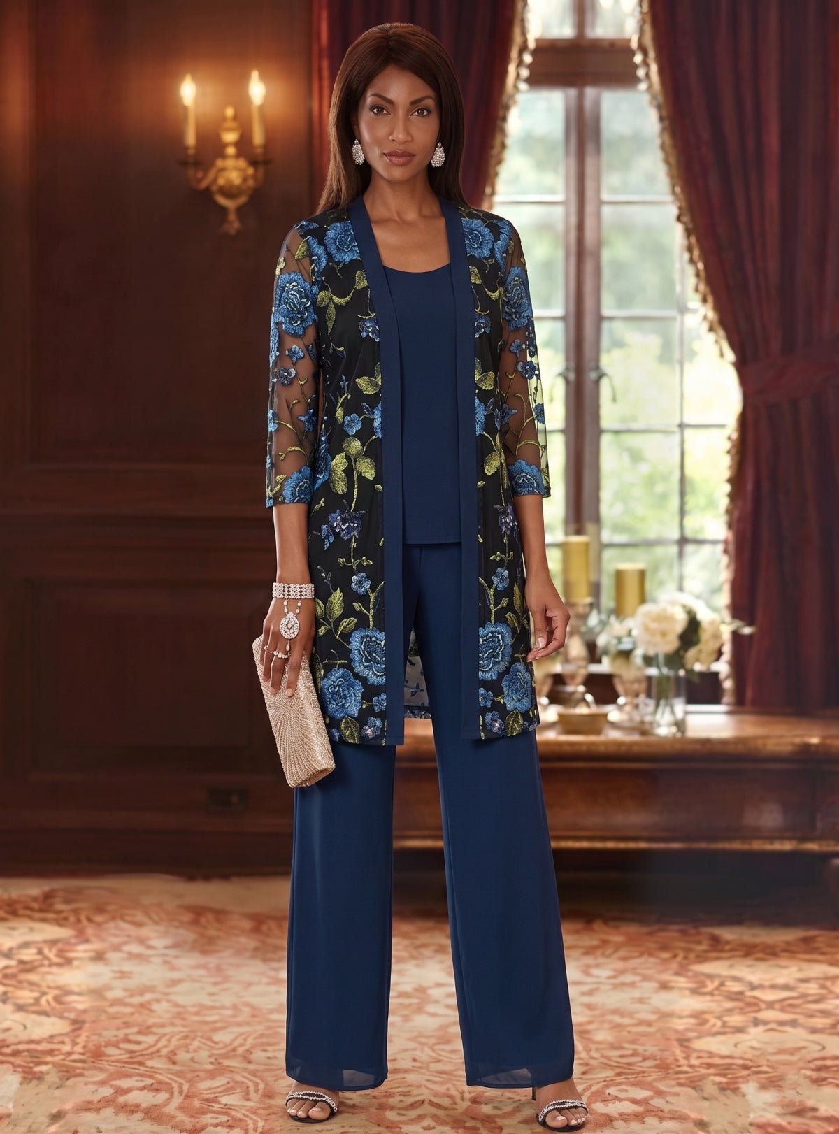 3 Pieces Suit Scoop Chiffon Mother Of The Bride Pantsuits With Jacket Floral 3 4 Sleeves Ankle Length