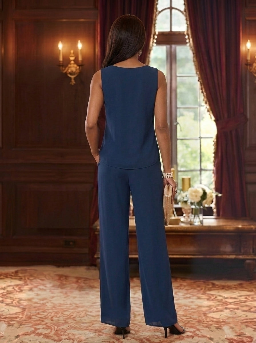 3 Pieces Suit Scoop Chiffon Mother Of The Bride Pantsuits With Jacket Floral 3 4 Sleeves Ankle Length