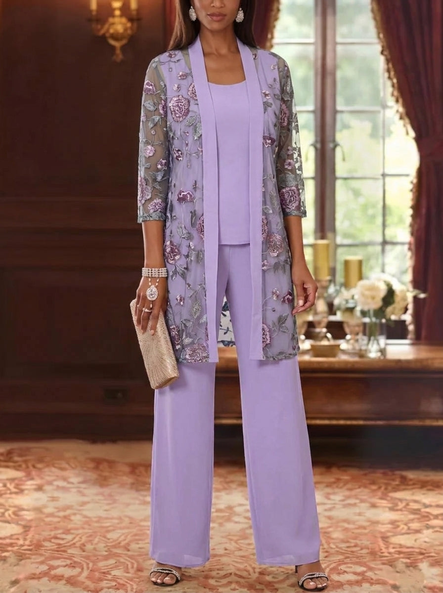 3 Pieces Suit Scoop Chiffon Mother Of The Bride Pantsuits With Jacket Floral 3 4 Sleeves Ankle Length