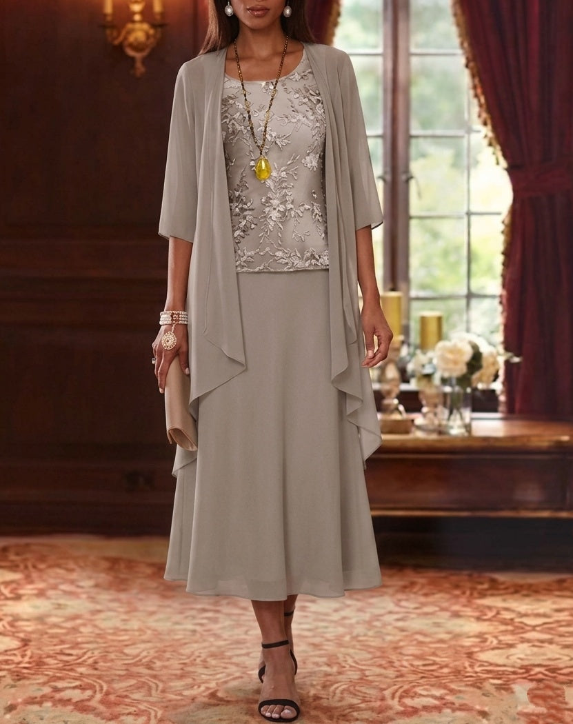 2 Pieces A Line Princess Scoop Chiffon Mother Of The Bride Dresses With Jacket 3 4 Sleeves Tea Length Lace