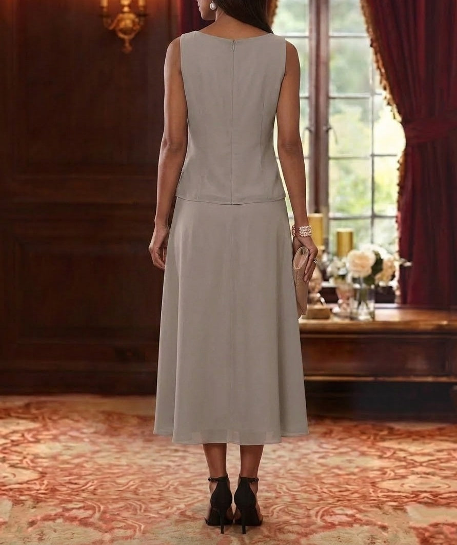2 Pieces A Line Princess Scoop Chiffon Mother Of The Bride Dresses With Jacket 3 4 Sleeves Tea Length Lace