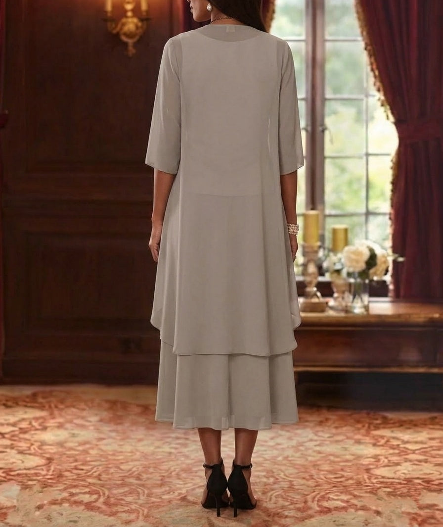 2 Pieces A Line Princess Scoop Chiffon Mother Of The Bride Dresses With Jacket 3 4 Sleeves Tea Length Lace