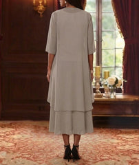 2 Pieces A Line Princess Scoop Chiffon Mother Of The Bride Dresses With Jacket 3 4 Sleeves Tea Length Lace