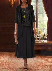 2 Pieces A Line Princess Scoop Chiffon Mother Of The Bride Dresses With Jacket 3 4 Sleeves Tea Length Lace