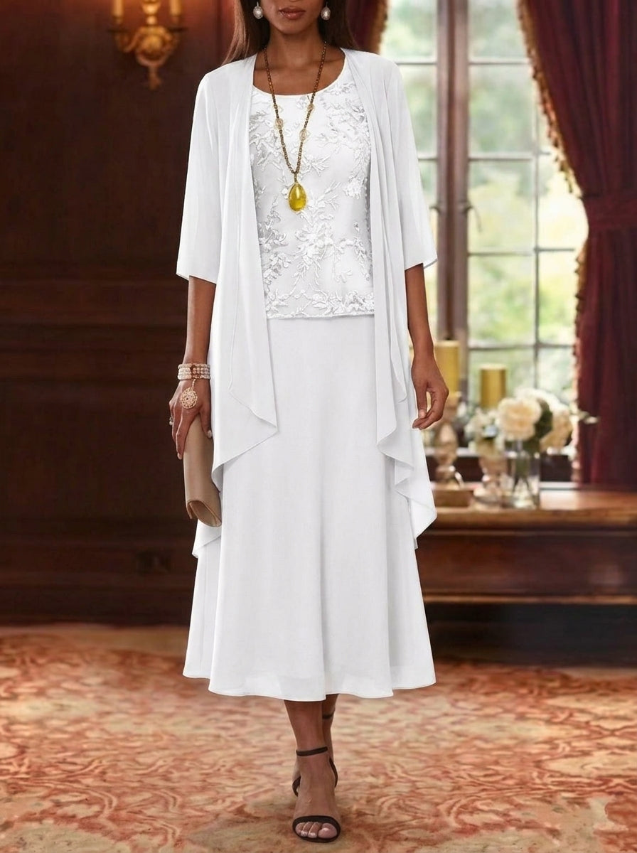2 Pieces A Line Princess Scoop Chiffon Mother Of The Bride Dresses With Jacket 3 4 Sleeves Tea Length Lace