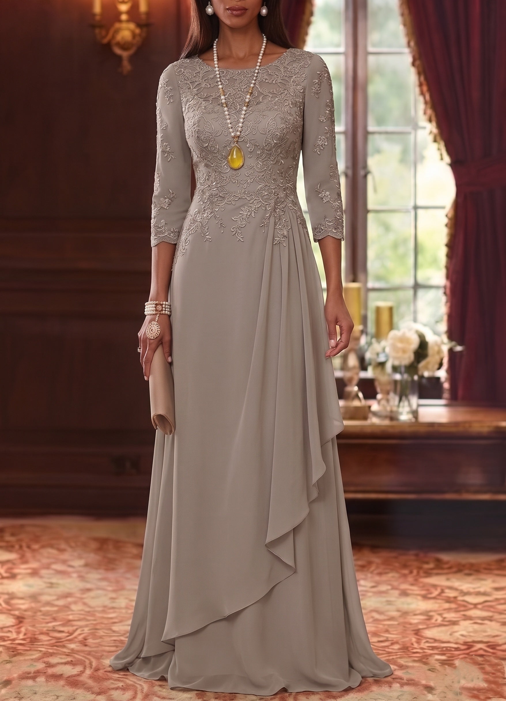 A Line Princess Scoop Chiffon Mother Of The Bride Dresses 3 4 Sleeves Lace Floor Length With Pleated