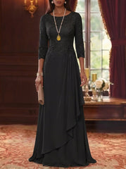 A Line Princess Scoop Chiffon Mother Of The Bride Dresses 3 4 Sleeves Lace Floor Length With Pleated