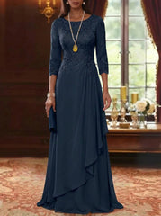 A Line Princess Scoop Chiffon Mother Of The Bride Dresses 3 4 Sleeves Lace Floor Length With Pleated