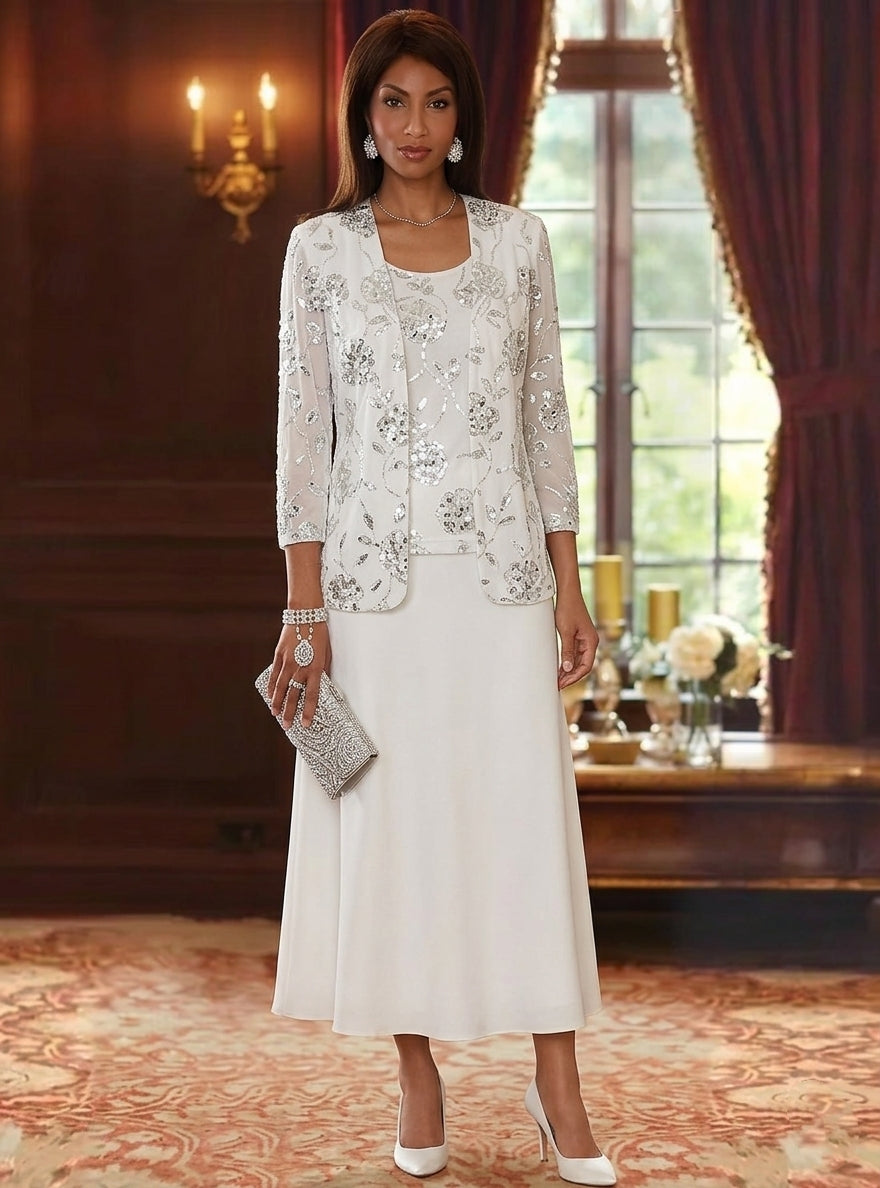 A Line Princess Scoop Chiffon Mother Of The Bride Dresses With Jacket Sequins Tea Length 3 4 Sleeves Floral