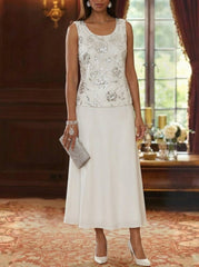 A Line Princess Scoop Chiffon Mother Of The Bride Dresses With Jacket Sequins Tea Length 3 4 Sleeves Floral