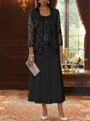 A-Line/Princess Scoop Chiffon Mother of the Bride Dresses with Jacket Sequins Tea-Length 3/4 Sleeves Floral