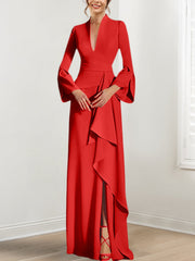 Sheath Column V Neck Long Sleeves Floor Length Mother Of The Bride Dresses With Split Side