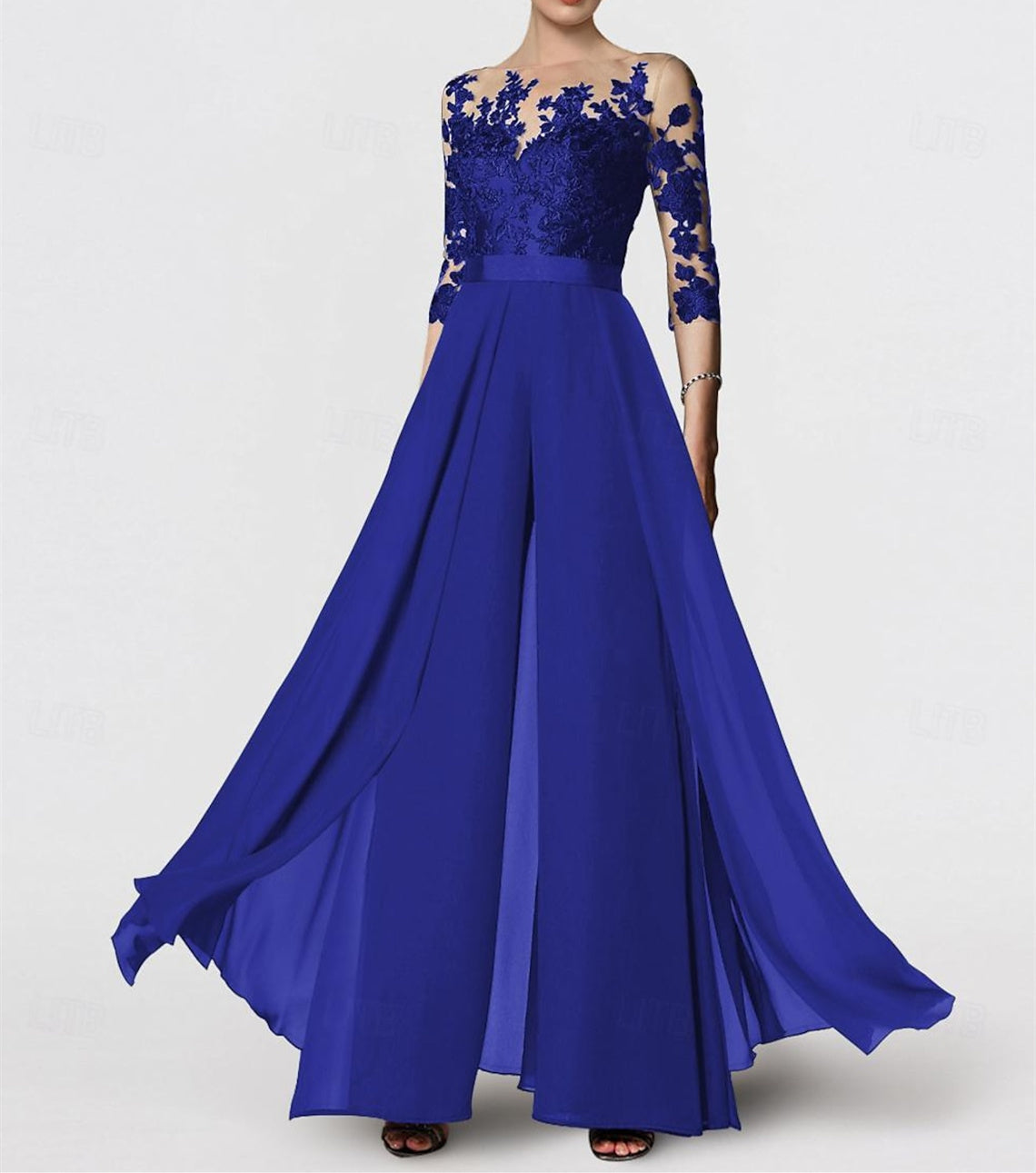 A Line Princess Jewel Neck 3 4 Length Sleeves Floor Length Mother Of The Bride Jumpsuits With Applique