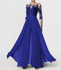 A Line Princess Jewel Neck 3 4 Length Sleeves Floor Length Mother Of The Bride Jumpsuits With Applique