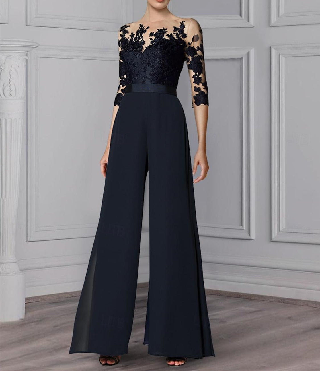 A Line Princess Jewel Neck 3 4 Length Sleeves Floor Length Mother Of The Bride Jumpsuits With Applique