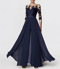 A-Line/Princess Jewel Neck 3/4 Length Sleeves Floor-Length Mother of the Bride Jumpsuits with Applique