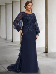 Mermaid Trumpet Scoop Neck Long Sleeves Floor Length Plus Size Mother Of The Bride Dresses With Sequins