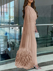 Sheath Column Sweep Brush Train Sleeveless Cowl Neck Evening Dresses Chiffon With Feather Ruched Slit