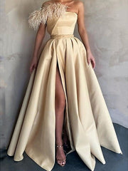 A Line Floor Length Sleeveless One Shoulder Prom Dress Satin With Feather Slit
