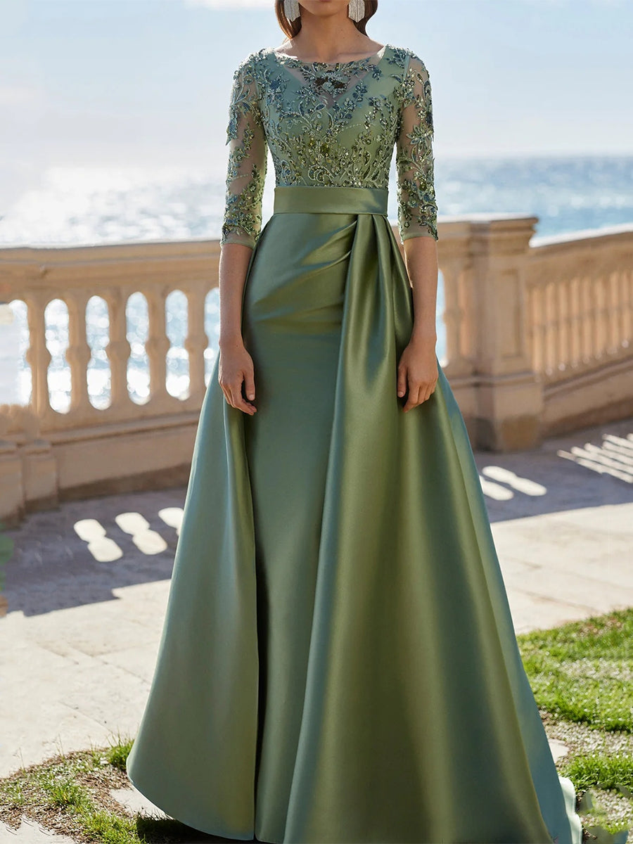A Line Princess Scoop Satin Evening Dresses Half Sleeves Floor Length Lace Party Dresses