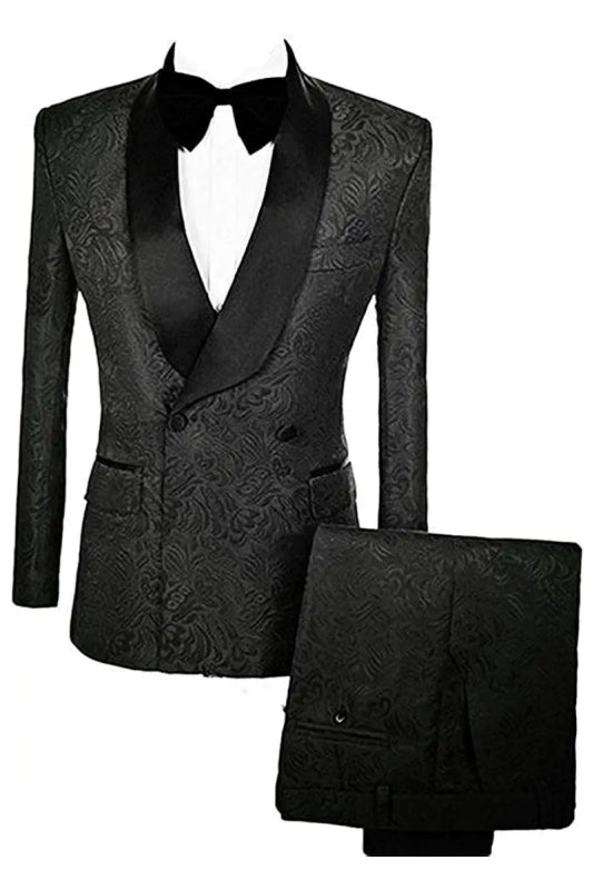 Formal Black Double Breasted Jacquard Groom's Suit With Velvet Lapel