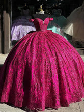 Magenta Off-the-Shoulder Sleeveless Sequined Applique Beaded Ball Gown Quinceanera Dress