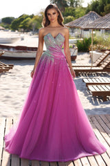 Magenta Strapless Sleeveless A-line Sequined Tulle Pleated Floor Formal Evening Dress