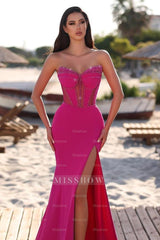 Magenta Sweetheart Sleeveless Mermaid Satin Beaded High Slit Floor Formal Evening Gown